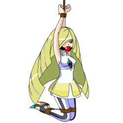 1girls arms_above_head ball_gag blonde_hair bondage breasts dress gag gagged green_eyes hair_over_one_eye high_heels legs_tied long_hair lusamine_(pokemon) medium_breasts nintendo pants pokemon pokemon_sm rope rope_bondage thedankknight1 turtleneck_dress white_dress white_pants