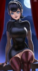 black_hair black_lipstick blue_eyes goth hair_between_eyes hotel_transylvania izhardraws mavis_dracula short_hair striped_legwear tagme thighhighs turtleneck_dress upskirt vampire