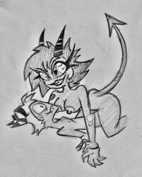 1boy1girl 2demons big_ass big_breasts crazy_eyes demon demon_girl desperate helluva_boss imp male_focus millie_(helluva_boss) moxxie_(helluva_boss) nymphomania saucyh0t sex traditional_media_(artwork) vivziepop