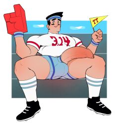 1boy balls big_balls big_penis boner bulge daddy erection facepaint flag gay headband male male_only manspreading muscles penis penis_out penis_through_leghole powerpuff_girls professor_utonium scruffley shorts solo solo_male spread_legs