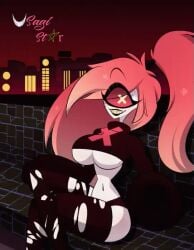 2d 2d_animation animated big_breasts bouncing_breasts busty cherri_bomb_(hazbin_hotel) cyclops demon demon_girl hazbin_hotel holes_in_clothes jiggle jiggling_breasts monster ponytail red_eyes red_hair ripped_clothing sweater thick_thighs thin_waist underboob usagi_star video