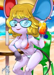 2022 animal_crossing beach bikini breasts cleavage drinking female glasses mascot1063 mouse nintendo petri_(animal_crossing) solo