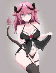 1girls ass_visible_from_the_front big_breasts black_horns black_lingerie black_panties breasts curvy curvy_female dragon female female_only horns irelyth legs_together lingerie looking_at_viewer pink_hair solo succubus tail thighs thighs_together virtual_youtuber vtuber yuumiart