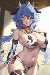 1girls ahoge ai_generated big_breasts bikini blue_hair breasts cow_print cow_print_bikini female ganyu_(genshin_impact) gen_678 genshin_impact highres horns large_breasts light-skinned_female light_skin long_hair midjourney nijijourney purple_eyes smile