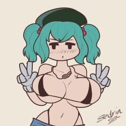 1girls animated black_bra blue_hair bouncing_breasts bra breasts female key key_necklace large_breasts mob_face nitori_kawashiro nono_(notnoe) solo solo_female touhou twintails zedrin