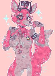 cross-eyed cross_eyed eye_patch five_nights_at_freddy's fox fox_girl furry gamer55c4d girl grey_fur hat horns oc original_character pink_background red_body red_eyes red_fur red_hair solo stars