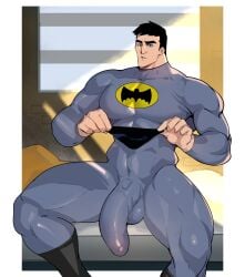 1boy 2022 balls bara barazoku batman batman_(series) big_balls big_bulge big_penis bruce_wayne bulge clothing dc dc_comics fully_clothed gay half-erect huge_bulge male male_focus male_only manly muscles muscular_male penis penis_outline scruffley solo solo_male spread_legs superhero superhero_costume the_batman tight_clothing yaoi