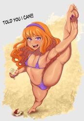 1boy 1femboy balls beach bikini bikini_bulge blush blushing blushing_at_viewer bulge bulge_through_clothing crossdressing daphne_blake diadem feet femboy feminine_male from_above genderswap genderswap_(ftm) hairband hanna-barbera headband headgear headwear ice_cream leg_up legs legs_apart long_hair looking_at_viewer male male_only orange_hair painted_nails painted_toenails panty_bulge penis_in_panties purple_eyes ronmeruart rule_63 scooby-doo shortstack standing_on_one_leg swimsuit swimsuit_bulge talking_to_viewer trap