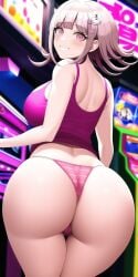 ai_generated arcade ass bubble_butt butt cameltoe danganronpa danganronpa_2:_goodbye_despair hair_ornament huge_butt large_butt looking_at_viewer looking_back midriff n.c.b_ai nai_diffusion nanami_chiaki smile stable_diffusion tank_top thick_thighs thong