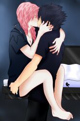 1boy 1girls bare_shoulders barefoot barely_clothed black_hair blush breasts carrying carrying_partner cleavage eclair_farron eternal_epitaph final_fantasy final_fantasy_xiii final_fantasy_xv long_hair no_bra noctis_lucis_caelum pink_hair romantic romantic_couple shirt shirt_only spiky_hair square_enix stand_and_carry_position standing straight