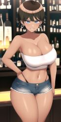 ai_generated bar cleavage danganronpa danganronpa_3 dark-skinned_female dark_skin huge_breasts kashiki_suzuko looking_at_viewer n.c.b_ai nai_diffusion short_shorts smile stable_diffusion thighs thong_straps tubetop