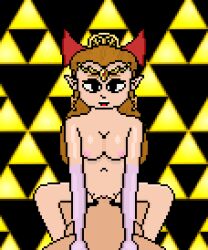 1girls animated artist_request big_eyes brown_hair cowgirl_position elf_ears hair_bow long_brown_hair long_hair long_sleeves looking_at_viewer nintendo opera_gloves pixel_art ppppu princess_zelda small_breasts squatting_cowgirl_position the_legend_of_zelda the_legend_of_zelda:_four_swords triforce unknown_artist zelda_(four_swords)