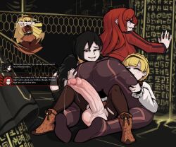 1boy 3girls angry big_ass binah blush boxman cameltoe captured catsuit dialogue dubious_consent embarrassed gebura_(lobotomy_corporation) huge_balls huge_cock lobotomy_corporation precum precum_drip project_moon red_hair small_but_hung tiphereth_(lobotomy_corporation)