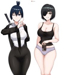 2girls big_breasts black_hair breasts chainsaw_man eye_contact eye_patch female female_only hayakawa_aki himeno_(chainsaw_man) looking_at_viewer o22no panties rule_63 short_hair sword