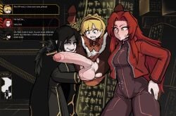 1boy 2girls big_penis big_testicles binah boxman breasts caught cock_awe cock_shock dialogue dubious_consent embarrassed gebura_(lobotomy_corporation) gigantic_penis grinning huge_balls huge_cock huge_penis huge_testicles lobotomy_corporation penis penis_awe precum precum_drip project_moon small_but_hung surprised testicles tiphereth_(lobotomy_corporation) uncensored