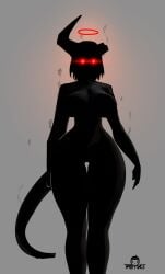 big_breasts black_body black_hair black_tail breasts broken_horn demon demon_humanoid female front_view glowing glowing_eyes gradient_background hair halo hi_res horn humanoid looking_at_viewer nude psyk323 red_eyes simple_background smoke solo standing thick_thighs watermark