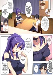 1boy1girl beverage big_breasts black_hair blush breasts brother_and_sister brown_eyes choker color comic english_text female looking_at_viewer looking_away male male/female original original_character ponytail punopupupu purple_hair red_eyes shirt short_hair shorts sitting speech_bubble text white_skin zeroshiki_kouichi