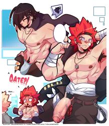 abs big_pecs big_penis black_hair black_pubic_hair blonde_hair bulge bulge_through_clothing delinquent eijirou_kirishima galaximonkey gay katsuki_bakugou large_pectorals large_penis muscular muscular_male my_hero_academia red_eyes red_hair shocked shocked_expression surprised surprised_expression text thick_penis underwear_bulge