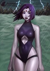 astrowolf black_lipstick blue_eyes dc dc_comics detailed_background female female_only forehead_jewel grey_skin hi_res legs_together looking_at_viewer medium_hair purple_hair rachel_roth raining raven_(dc) sea solo swimsuit teen_titans thick_thighs thigh_gap