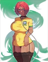 1girls brasil brazil brazilian brazilian_female brazilian_flag dark-skinned_female dark_skin female female_only garter_straps giovanna_(guilty_gear) guilty_gear guilty_gear_strive hentaly leash panties red_hair short_hair soccer soccer_uniform solo solo_female tagme thighhighs