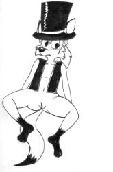 anthro bottomless canid canine clothed clothing cub female fox genitals grin hat headgear headwear long_tail looking_at_viewer lying mammal markings millie_(ozy_and_millie) monochrome on_back ozy_and_millie partially_clothed pussy reddragonkan smile solo top_hat topwear traditional_media_(artwork) vest webcomic