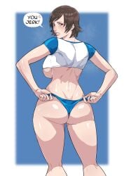 1girls 2d big_ass big_breasts cirenk female female_only kazama_asuka looking_back namco solo steaming_body tagme talking tekken text third-party_edit underboob