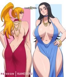 2girls ass ass_cleavage backless_dress backless_outfit bare_shoulders big_ass big_breasts big_butt black_hair bracelet breasts butt_crack cleavage clothed clothing dress female female_only hand_on_hip huge_breasts kamekuzu kameseru large_ass large_breasts long_hair looking_at_viewer looking_back nami navel necklace nico_robin no_bra no_panties one_piece orange_hair ponytail post-timeskip red_eyes revealing_clothes simple_background smile thick_thighs voluptuous wide_hips