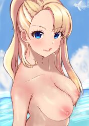 1girls absurd_res artist_name bangs blonde_female blonde_hair blue_eyes blush blush_lines braid braided_hair breasts breasts_out chinese_text cleavage cloud deep-sea_squirrel_fish_(fishing) ear erect_nipples eyebrows_visible_through_hair eyes_visible_through_hair female female_focus female_only iris_(my_story_animated) light-skinned_female light_skin long_hair my_story_animated nipples nose nude nude_female ponytail request seaside solo solo_female solo_focus tongue tongue_out water youtube