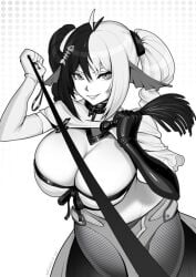 ahoge amulet asymmetrical_bangs asymmetrical_clothes asymmetrical_gloves asymmetrical_hair asymmetrical_sleeves black_and_white black_gloves black_hair bra brassica breasts chain_necklace cleavage collar digital_drawing_(artwork) digital_media_(artwork) dominant_female femdom fins flogger hair hair_between_eyes hair_ornament hair_ribbon holding_leash latex latex_gloves leash leash_and_collar leash_pull leash_tug loincloth looking_at_viewer mermaid mermaid_ears mermaid_tail monster_girl multicolored_hair murmaider necklace overflowing_breasts perspective perspective_shot plain_background ribbon split-color_hair streamer twin_drills twitch twitch.tv virtual_youtuber vtuber white_gloves white_hair