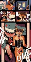 2022 anthro big_penis biped blush bodily_fluids bow_tie brown_body brown_fur brown_hair bulge canid canine canis circumcised circumcision_scar clothing comic corset dan_(meesh) dialogue digital_media_(artwork) domestic_dog duo english_text erection fish fox fur genital_fluids genitals gloves_(marking) grey_body grey_skin hair hank_(meesh) hi_res huge_cock humanoid_genitalia humanoid_penis lingerie male male_only mammal marine markings meesh monster multicolored_body multicolored_fur multicolored_skin nipples orange_body orange_fur penis precum red_eyes shark sharp_teeth speech_bubble tan_body tan_fur teeth text topwear two_tone_body two_tone_skin vein veiny_penis white_body white_skin