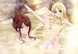 10s 2017 2girls absurd_res armpits bangs bare_shoulders barefoot bathing blonde_hair blue_eyes blush body_blush breasts brown_eyes brown_hair casual_nudity cleaned collarbone completely_nude completely_nude_female feet frenda_seivelun hair_up hi_res hiyamizu_yukie large_breasts leg_up light-skinned_female light_skin long_hair looking_at_viewer magazine_scan megami_magazine midriff mugino_shizuri multiple_girls navel nude nude_female official_art onsen parted_bangs partially_submerged scan shiny shiny_hair shiny_skin small_breasts smile steam sweat teenage_girl teenager tile_floor tiles to_aru_kagaku_no_railgun to_aru_majutsu_no_index toes water wet young