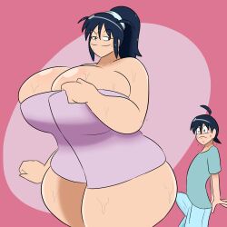 aki_hinata blue_hair erection_under_clothes fuyuki_hinata huge_breasts igphhangout keroro_gunsou looking_at_another mother_and_son sweat towel wet wide_hips