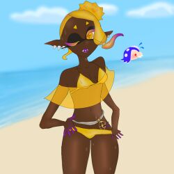 beach bikini charm deep_cut_(splatoon) frye_(splatoon) hourglass_figure long_eyelashes nipple_bulge shiver_(splatoon) small_breasts splatoon splatoon_2 splatoon_3 squid sweating yellow_eyes yellow_hair