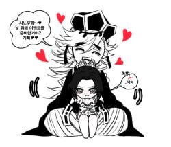 1boy 1girls angry bite_marks black_and_white blush breast_grab butterfly_hair_ornament chibi demon_boy demon_slayer dialogue douma embarrassed fangs female grabbing_from_behind groping groping_breasts groping_from_behind heart hearts_around_head hickey hickey_marks kimetsu_no_yaiba kochou_shinobu korean_text larger_male lovelykingdudu male negligee nightgown restricted_palette sexual_assault sexual_harassment sitting_on_lap sitting_on_person size_difference smaller_female smile speech_bubble tears transparent_background yandere