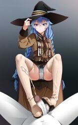 1boy 1girls bangs black_background black_headwear blue_eyes blue_hair bootjob boots bow bow_panties braid breasts brown_cape cape censored chubb closed_mouth clothed_female_nude_male crossed_bangs cum ejaculation erection female femdom footjob hair_between_eyes hat highres hitogami holy_relic long_braid long_sleeves malesub mosaic_censoring mushoku_tensei panties pantsu penis pussy_visible_through_clothes pussy_visible_through_panties pussy_visible_through_pantsu roxy_migurdia sitting small_breasts thigh_boots thighhighs thighs tight_pantsu twin_braids underwear white_panties white_thighhighs witch_hat