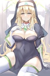 1girls arm_support big_breasts bimmy blonde_hair blue_eyes breasts busty cleavage covered_navel female female_only hand_on_own_chest highres large_breasts legs light-skinned_female light_skin long_hair neptunia_(series) nun sitting smile smug solo thighs vert voluptuous