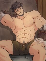 balls bara beard bidbrock black_hair bulge facial_hair genshin_impact male male_only muscles muscular penis shirtless solo solo_male spread_legs wagner_(genshin_impact)