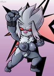 angry annihilape anthro breasts cross-popping_vein cute_fangs female fighting_pose fours_(artist) fur genitals grey_body grey_fur hi_res konoyozaru nintendo nipples pokémon_(species) pokemon pose pubes pussy red_eyes short_stack shortstack simple_background solo video_games