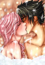 1boy 1girls bath bathing bathing_together black_hair blush bubble_bath bubbles closed_eyes eclair_farron female final_fantasy final_fantasy_xiii final_fantasy_xv implied_sex kissing long_hair male merruschka naked noctis_lucis_caelum pink_hair romantic romantic_couple shared_bathing soap_bubbles spiky_hair square_enix straight upper_body wet wet_hair wet_skin