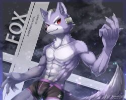 2020 5:4 abs alternate_color alternate_costume alternate_version_at_source anthro athletic athletic_anthro athletic_male belt biceps bottomwear briefs bulge canid canine claws clothed clothing detailed_bulge english_text featureless_chest fox fox_mccloud fur grey_body grey_fur hi_res ivan-jhang male male_only mammal muscular muscular_anthro muscular_male navel nintendo pecs red_eyes smile solo star_fox text topless underwear video_games