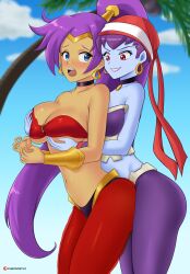 2girls big_breasts blue_eyes blush breast_grab breasts busty chronosth1 cleavage dark-skinned_female female female_only grabbing grin gummslime highres large_breasts long_hair midriff molestation multiple_girls navel pants pointy_ears ponytail purple_hair red_eyes risky_boots shantae shantae_(character) smile smooth_skin underboob very_long_hair yuri