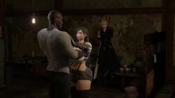 1girls 2boys 3d 3d_(artwork) brick_render cloud_strife cuckold dark-skinned_male dark_skin final_fantasy final_fantasy_vii hi_res highres indoors interracial light-skinned_female looking_at_another netorare ntr square_enix tifa_lockhart