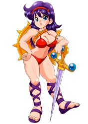 1girls athena_(series) big_breasts bikini breasts busty cleavage feet female female_only hand_on_hip highres large_breasts legs long_hair navel open_mouth princess_athena purple_hair red_bikini shield snk solo swimsuit sword thick_thighs thighs weapon