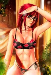 1girls abs akatsuki_(naruto) armpits asian asian_female bikini bikini_bottom bikini_top black_bikini black_panties black_swimsuit black_thong bracelet cleavage cute detailed_background female female_focus female_only g-string glasses hi_res high_resolution highres jewelry legs_together light-skinned_female light_skin looking_at_viewer loxlley medium_breasts naruto naruto_(series) naruto_shippuden necklace pale-skinned_female pale_skin pinup red_eyes red_hair shounen_jump sitting solo solo_female solo_focus sunbathing swimsuit thick_thighs thighs thong toned toned_female uzumaki_karin voluptuous