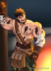 balls bara beard black_hair dhd_art dirty facial_hair genshin_impact gloves male male_only muscles muscular penis shirtless solo solo_male sweaty wagner_(genshin_impact)