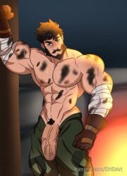 balls bara beard big_penis black_hair dhd_art dirty facial_hair genshin_impact gloves male male_only muscles muscular penis penis_out shirtless solo solo_male sweaty wagner_(genshin_impact)