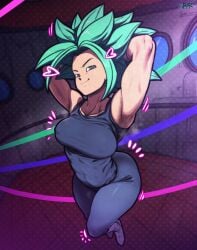 1girls abs armpits ass big_ass big_breasts blue_eyes curvy d-art dragon_ball dragon_ball_super green_hair kefla legendary_super_saiyan long_hair muscular muscular_female saiyan solo super_saiyan super_saiyan_2 tagme thick_thighs