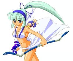 1girls aqua_hair archery ass big_breasts bikini blue_eyes bottomless breasts busty cleavage female hair_ribbon large_breasts legs long_hair majikina_mina navel open_mouth ponytail ribbon samurai_shodown sarong smile snk solo swimsuit tan thighs walking white_bikini