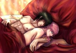 1boy 1girls abs after_sex black_hair blush breasts closed_eyes cuddling eclair_farron female final_fantasy final_fantasy_xiii final_fantasy_xv green_eyes lightningfang long_hair lying lying_down lying_on_back lying_on_bed lying_on_side male naked nipples noctis_lucis_caelum pecs pink_hair romantic romantic_couple sideboob sleeping smile square_enix straight under_covers