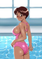 1girls adjusting_clothes adjusting_swimsuit ass big_ass big_breasts blush breasts brown_eyes brown_hair bubble_butt busty dark-skinned_female female female_only hanamizuki_(km19790824) highres large_breasts legs looking_back one-piece_swimsuit panties pool short_hair sideboob solo super_real_mahjong super_real_mahjong_p5 swimsuit thighs toono_mizuki underwear very_short_hair voluptuous water